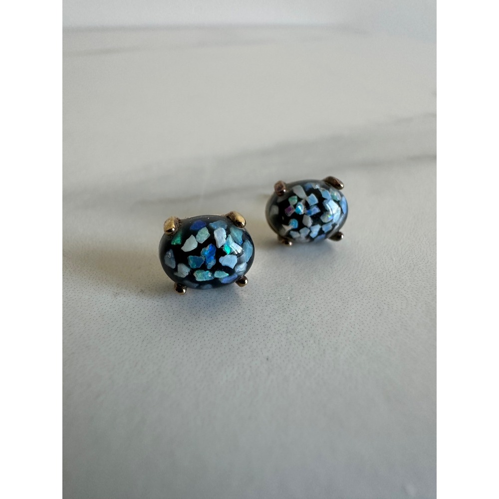 Vintage Wells Sterling Silver Gold Wash Faux Opal Mosaic Oval Stud Earrings